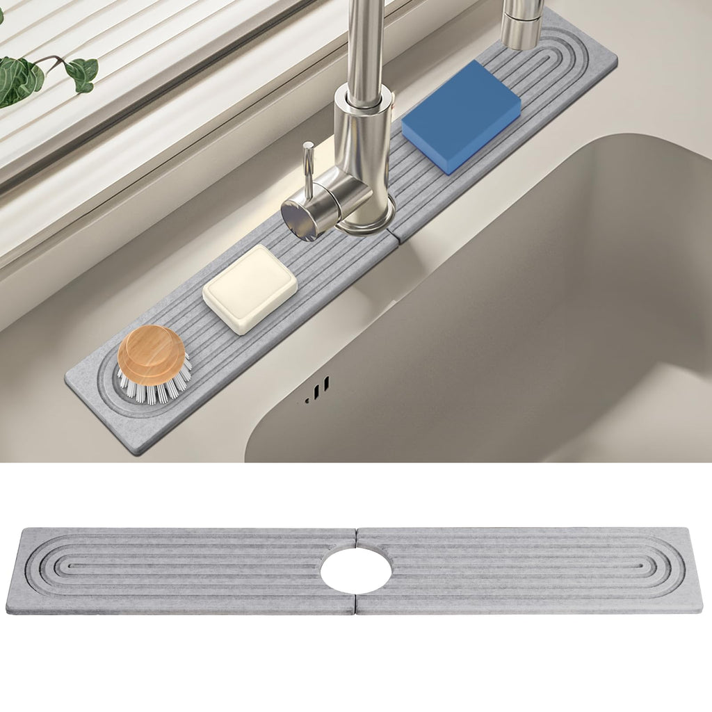 Generic Kitchen Sink Splash Guard Stone Drying Mat For Kitchen Counter Super Absorbent Prevents Moisture Buildup Faucet Splash Guard for Bathroom Counter (Grey 23.6 x 3.9 x 0.5 Inch) Gray
