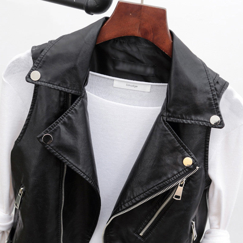 Women's Short Sleeveless PU Leather Vest with Belt