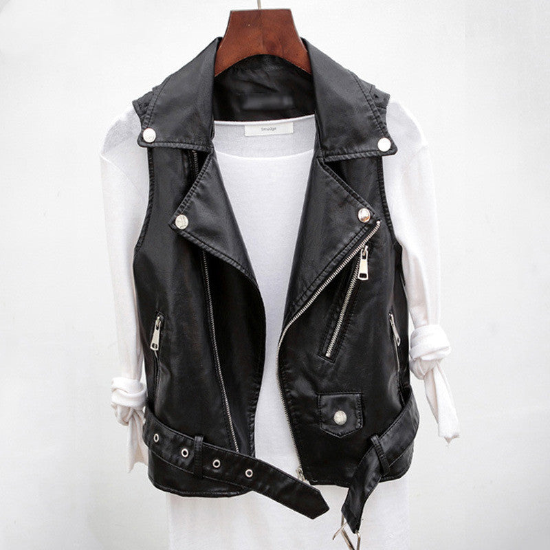 Women's Short Sleeveless PU Leather Vest with Belt