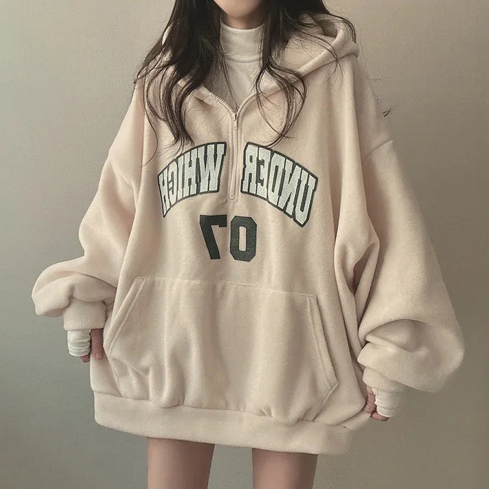 Thick Fleece-Lined Women's Letter Zipper Hoodie